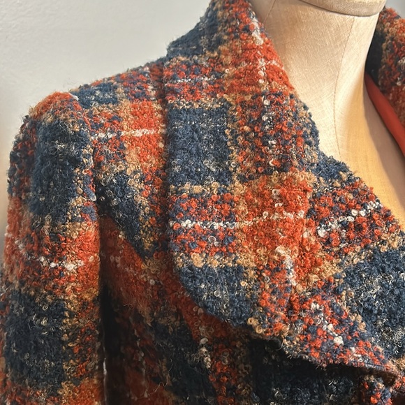 Anthropologie Tabitha Blue Waist Tie Tweed Ruffle Collar Plaid Wool Blazer Sze 0 - Picture 15 of 16